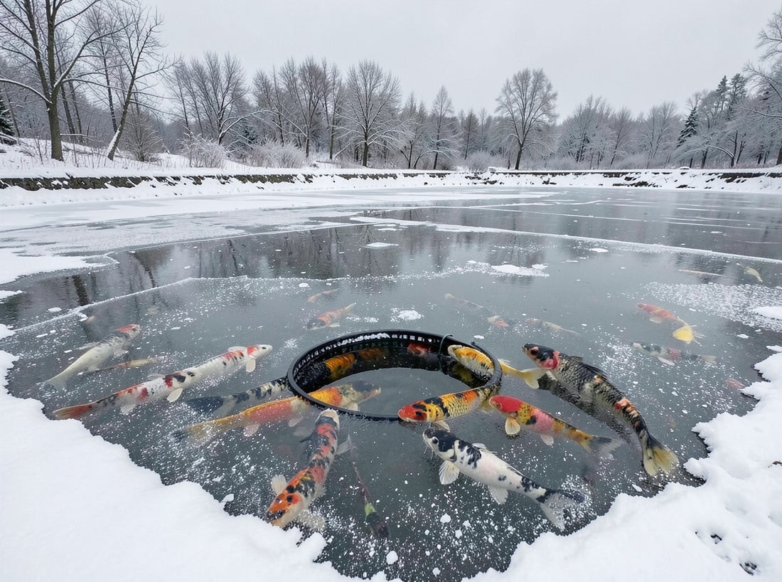 Koi pond in winter with de-icer