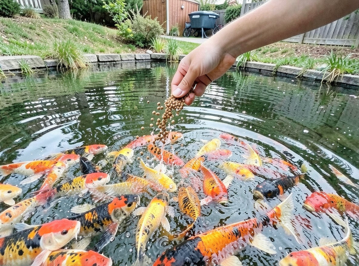 Feeding colourful koi at a pond