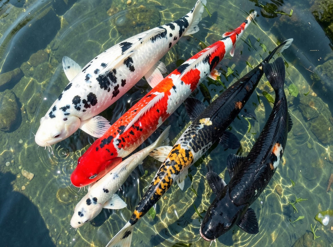 Several koi varieties showing different colors and patterns